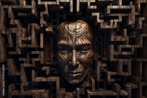 A wooden sculpture of a man's face, its features intricate, is set within a maze.