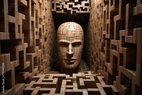 A sculpture of a man's face, appearing tortured, is hidden within a maze, evoking a sense of claustrophobia.