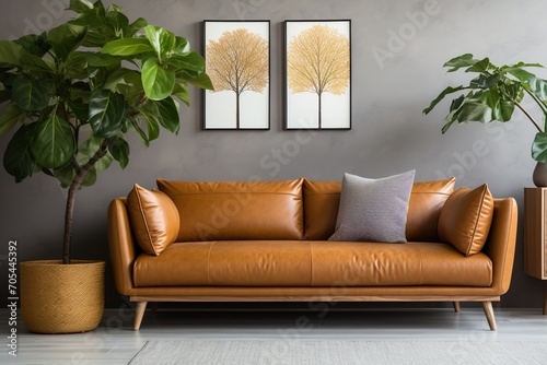 brown leather couch in a living room with two paintings of trees on the wall photo