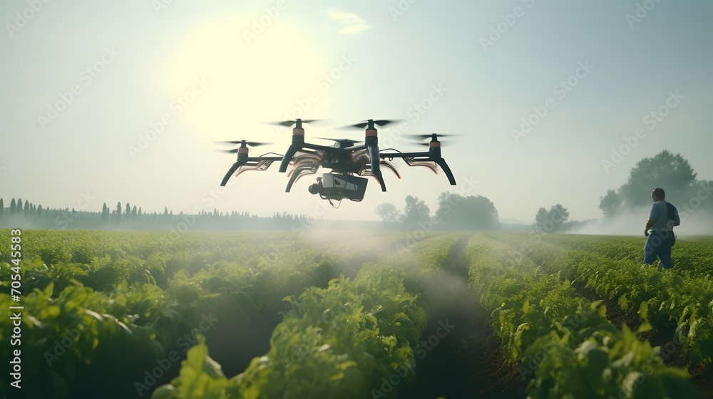 Drone spraying fertilizer on corn fields, Agriculture technology - obrazy, fototapety, plakaty 