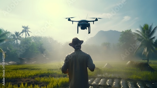 Agricultural specialist controls agriculture drone with remote controller for spraying fertilizer and pesticide at rice field