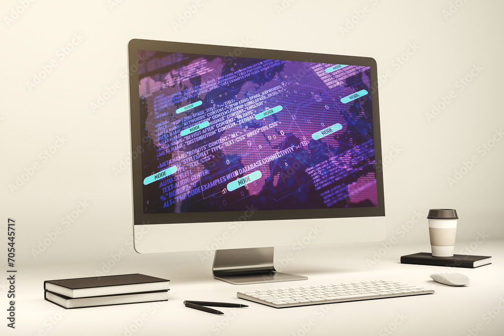 Modern computer display with abstract programming language hologram and world map, artificial intelligence and neural networks concept. 3D Rendering Modern computer display with abstract programming language hologram and world map, artificial intelligence and neural networks concept. 3D Rendering