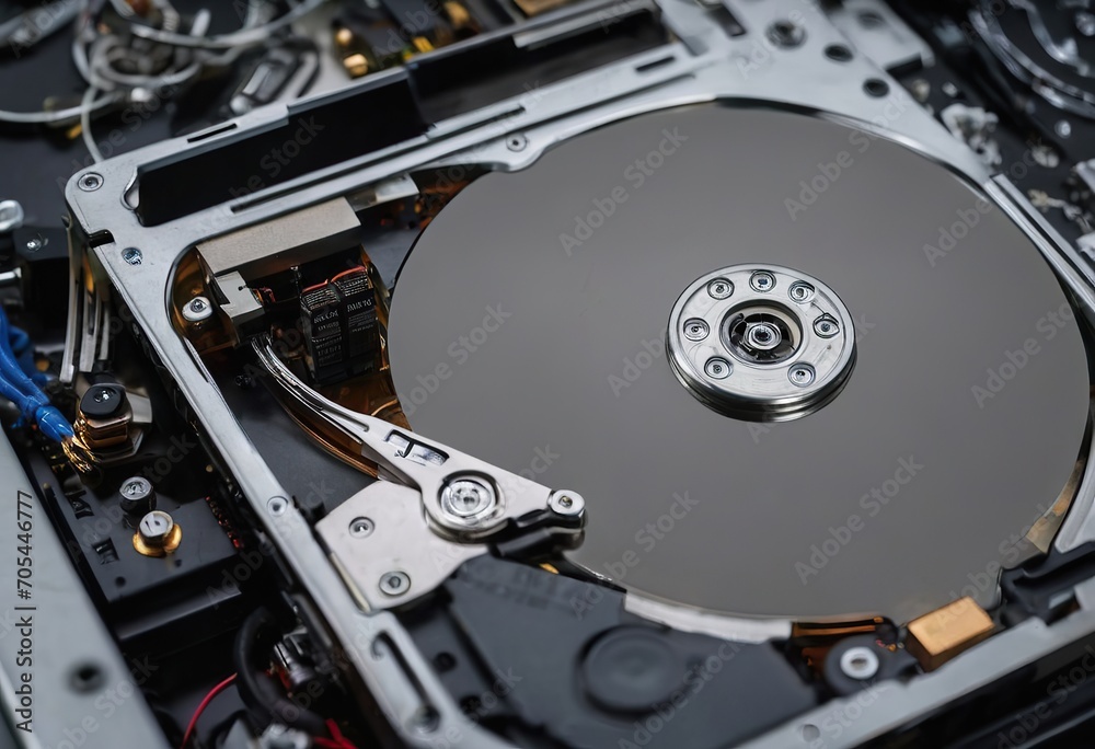 The abstract image of inside of hard disk drive on the technician's desk and a computer motherboard as a component. the concept of data, hardware, and information technology. The abstract image of inside of hard disk drive on the technician's desk and a computer motherboard as a component. the concept of data, hardware, and information technology.