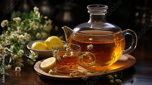 herbal tea with lemon and chamomile flowers