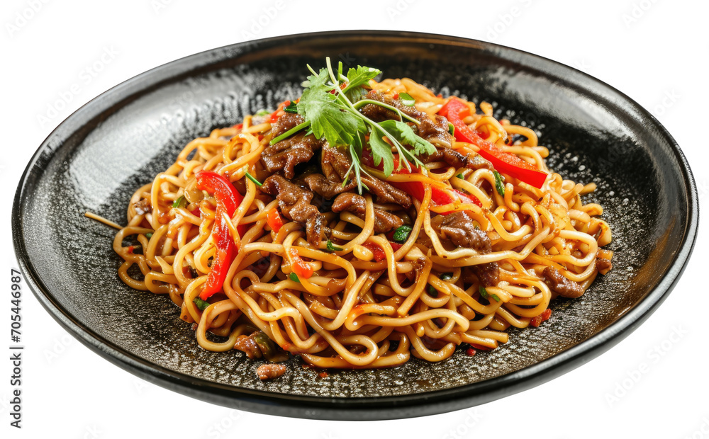 Noodles with beef in black plate isolated on transparent background Noodles with beef in black plate isolated on transparent background