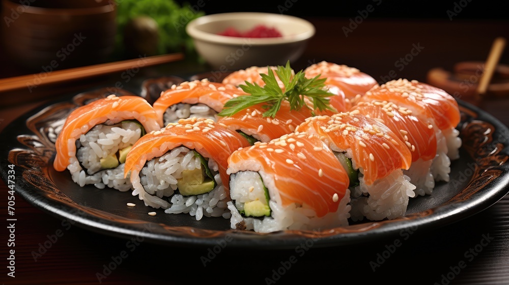Traditional Japanese sushi fresh salmon and sesame Traditional Japanese sushi fresh salmon and sesame