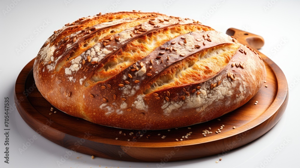 Freshly baked round bread on a wooden plate Top view on white background Freshly baked round bread on a wooden plate Top view on white background