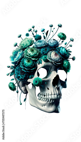 skull with colorful flowers isolated on a transparent background light blue