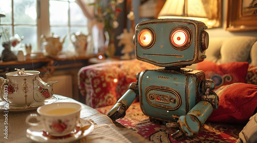 Vintage toy robot sitting at a table with cup of tea. photo