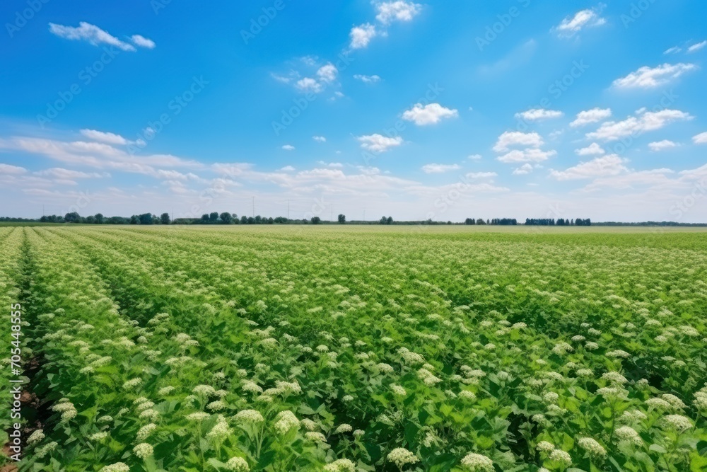 Beautiful view of buckwheat field under blue sky