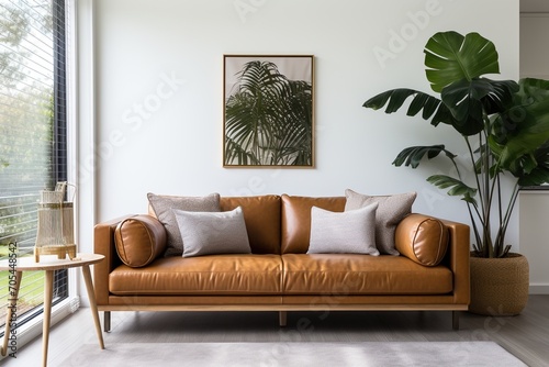 A leather couch in a living room with a plant and a painting of palm leaves photo