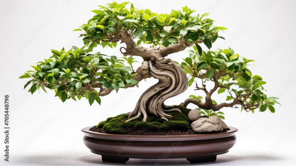 Green old bonsai tree on white background in beautiful pot Green old bonsai tree on white background in beautiful pot