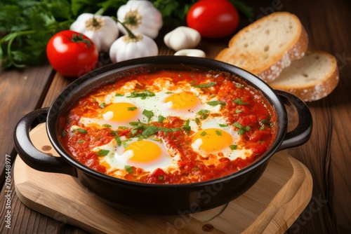 Delicious shakshuka in frying pan and products on wooden table © Muh