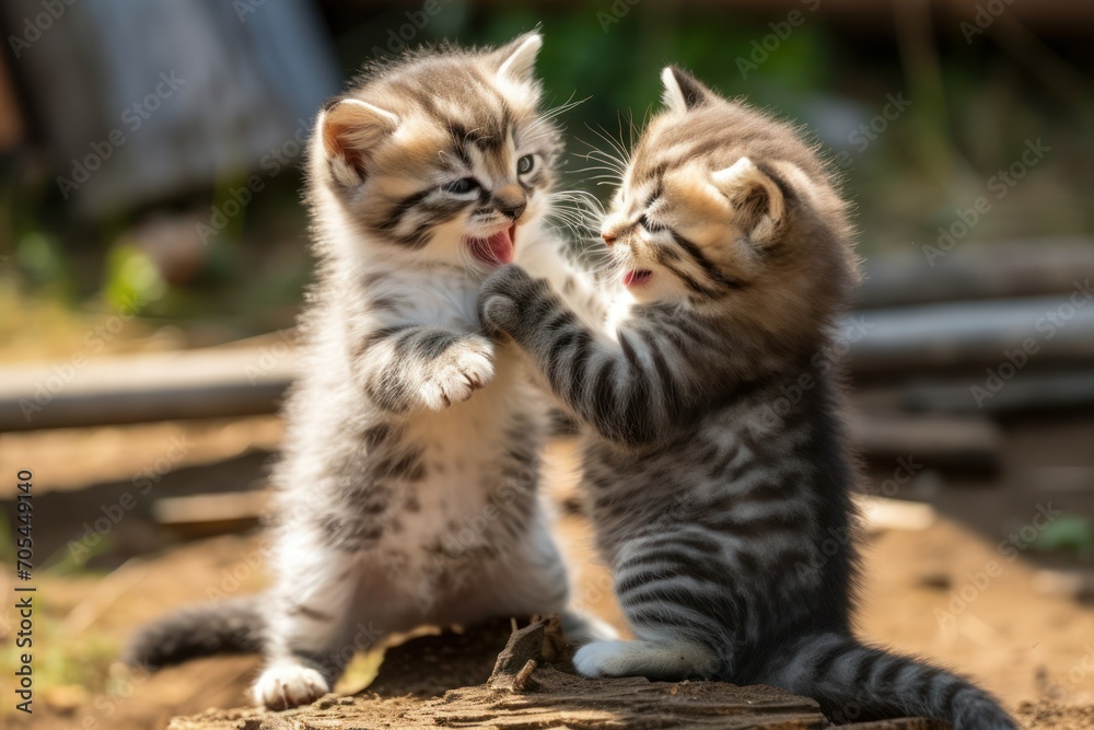 Pair of playful kittens playing in the garden