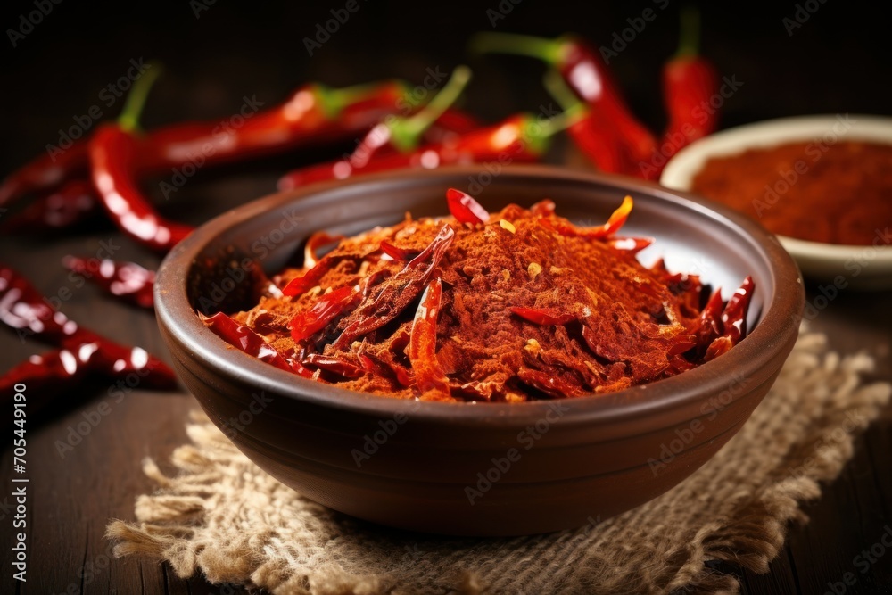 Photo crushed dried chili peppers in white bowl hot and spicy Photo crushed dried chili peppers in white bowl hot and spicy