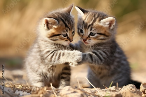 Pair of playful kittens playing in the garden