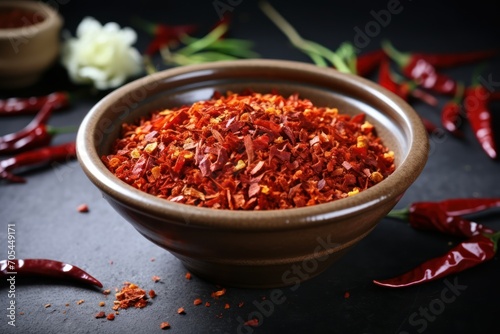 Photo crushed dried chili peppers in white bowl hot and spicy