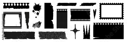 Set of grunge torn paper, film strip, jagged rectangle. Heart, star and crown shape. Punk elements for sticker, collage, banner. Vector illustration isolated on white background.