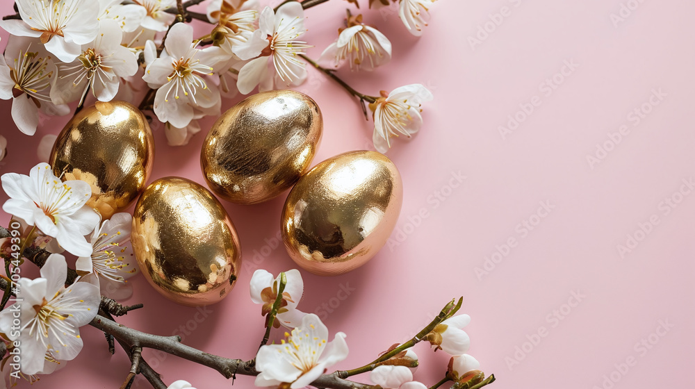 Fototapeta premium Golden Easter eggs with cherry blossoms on pink background for spring holiday designs. AI Generative