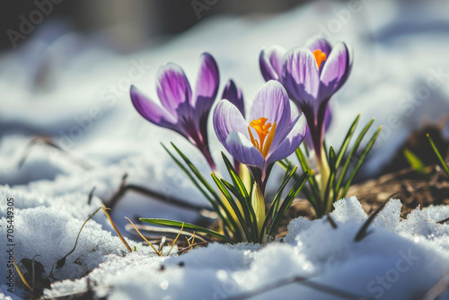 Close-up of crocus flowers growing from under snow, concept of upcoming springtime © Aleksandr Bryliaev