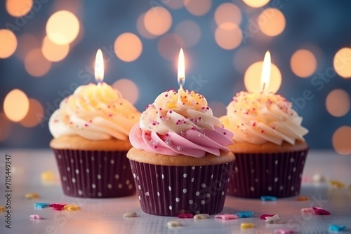 Tasty birthday cupcakes with candles on stand against blurred lights  closeup