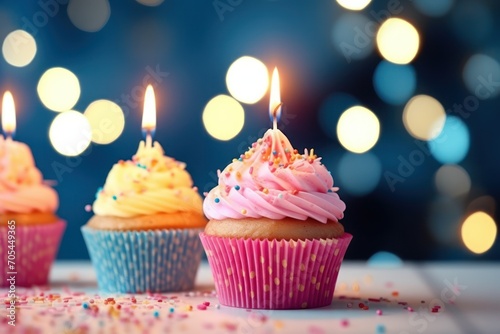Tasty birthday cupcakes with candles on stand against blurred lights  closeup