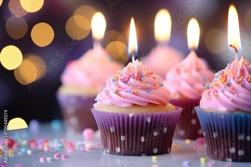 Tasty birthday cupcakes with candles on stand against blurred lights, closeup © Muh