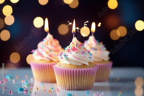 Tasty birthday cupcakes with candles on stand against blurred lights, closeup