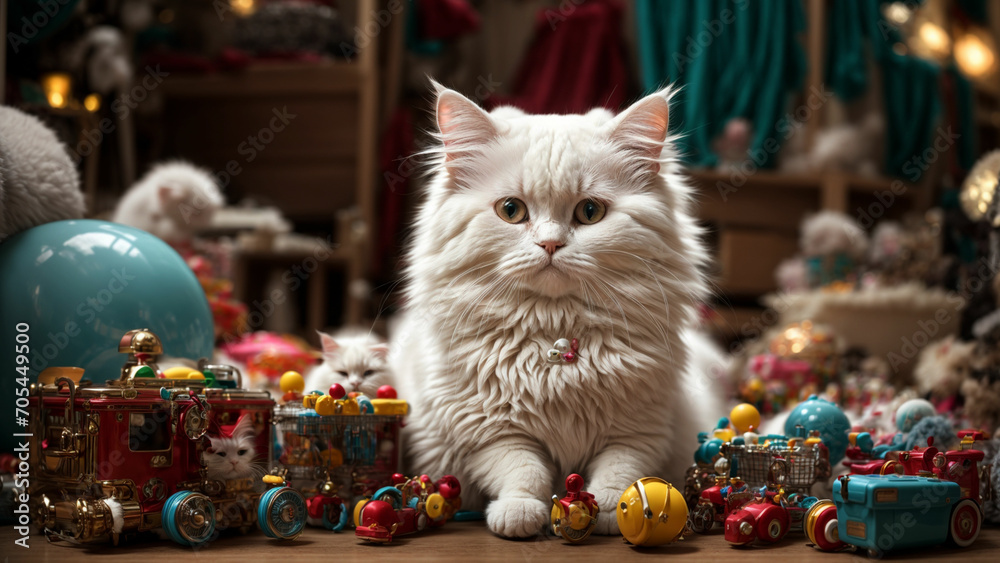 a whimsical world as you photograph the White Persian Cat surrounded by toys and playthings on the floor