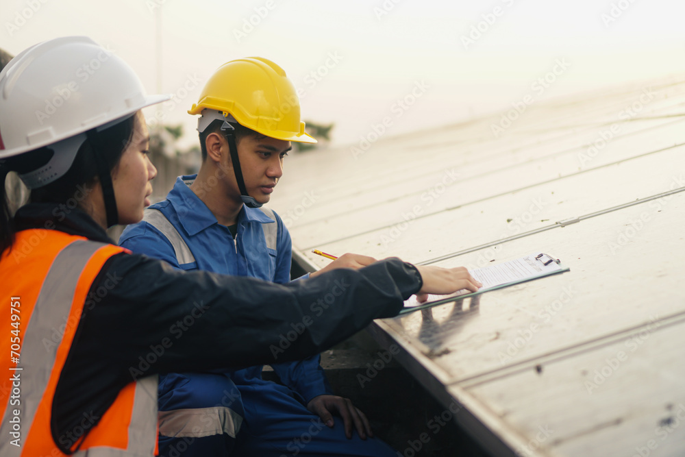 Engineer and Technical team inspect and check solar cell panel by hold equipment box solar energy renewable energy power factory concept lowkey lighting. Engineer and Technical team inspect and check solar cell panel by hold equipment box solar energy renewable energy power factory concept lowkey lighting.