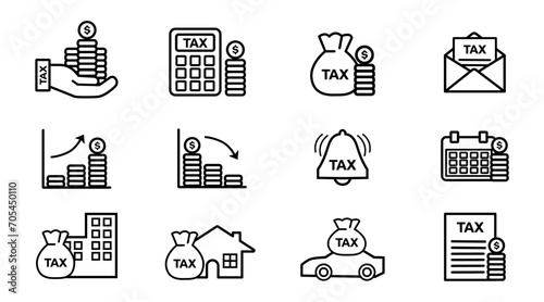 Tax icon set, Coins vector illustration in flat style.  outline
 icons pack. 