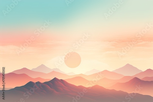 a realistic photo of mountains with the sun shining down on them in the distance with a blue  pink and yellow sky  in the style of minimalist backgrounds  light aquamarine and orange