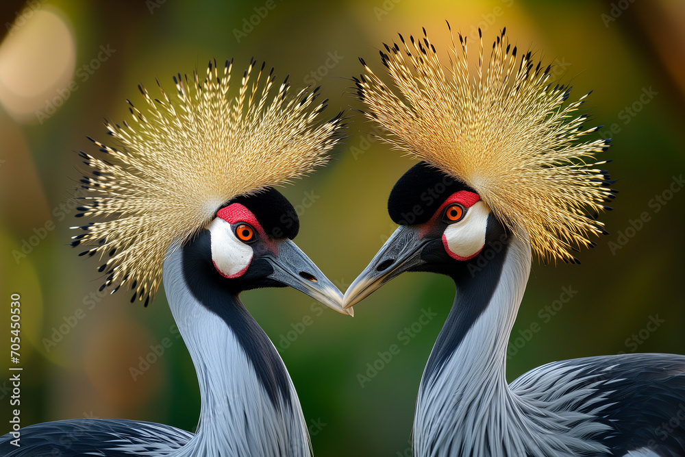Fototapeta premium Two crowned cranes stand face-to-face in a symmetrical portrait, showcasing their distinctive feathered crowns and striking facial markings against a softly blurred background.