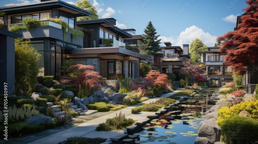 Modern house in the suburbs in Summer Modern house in the suburbs in Summer