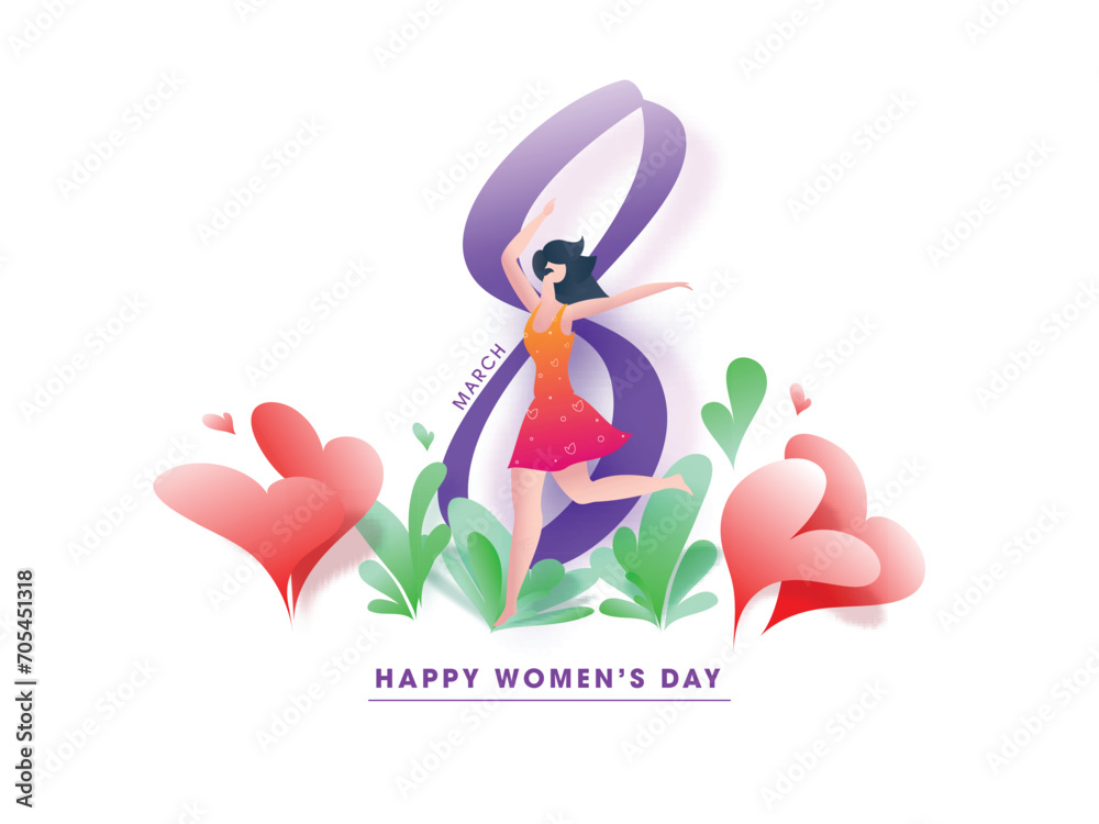 8 March, Happy Women's Day Greeting Card with Cartoon Modern Young Girl Dancing, Hearts Decorated on White Background.