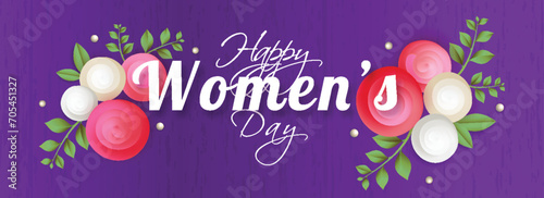 Happy Women's Day Calligraphy with Beautiful Floral Decorated on Purple Texture Background. Social Media Header or Banner Design. © Abdul Qaiyoom