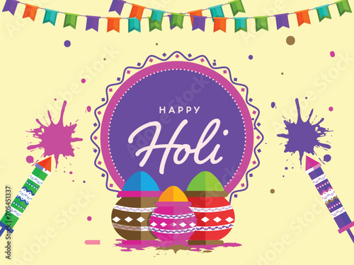 Happy Holi Celebration Background Decorated with Bunting Flags, Splashing Water Guns (Pichkari) and Mud Pots Full of Powder (Gulal).