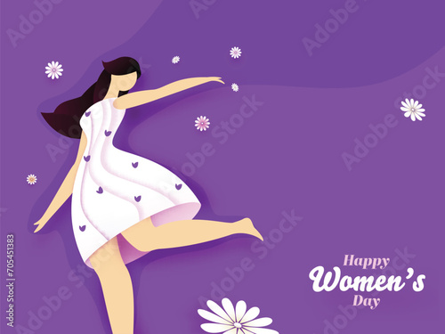 Happy Women's Day Greeting Card with Cartoon Modern Young Girl in Stylish Pose on White Flowers Decorated Purple Background.