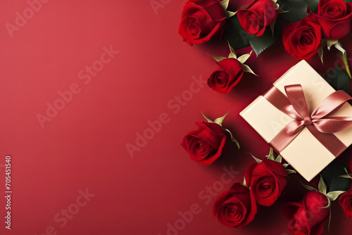 Beautiful gift box and roses on red background  flat lay with space for text. Valentines day celebration