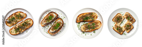 A set of sardine toasts with onion pieces on a plate with a transparent background is in the top view. PNG.