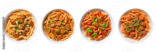 A set of pasta, vodka sauce, and mini meatballs on a plate with a transparent background is in the top view. PNG.