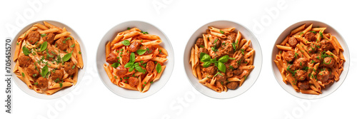 A set of pasta, vodka sauce, and mini meatballs on a plate with a transparent background is in the top view. PNG.