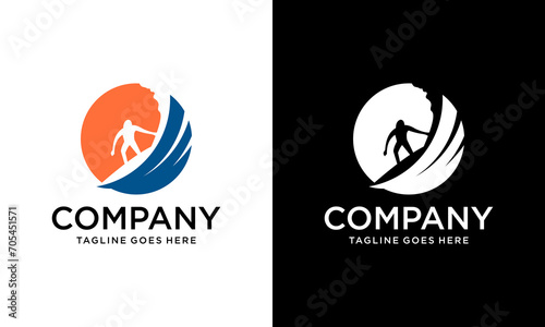 Surf logo with man silhouette, board and sea waves water twirl in a round shape.