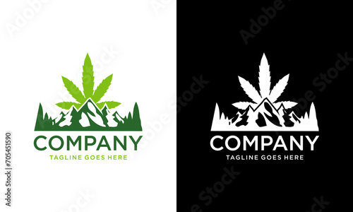 Creative Cannabis Pot Hemp Leaf with Hills Mountain Peaks for CBD or Cultivation logo design