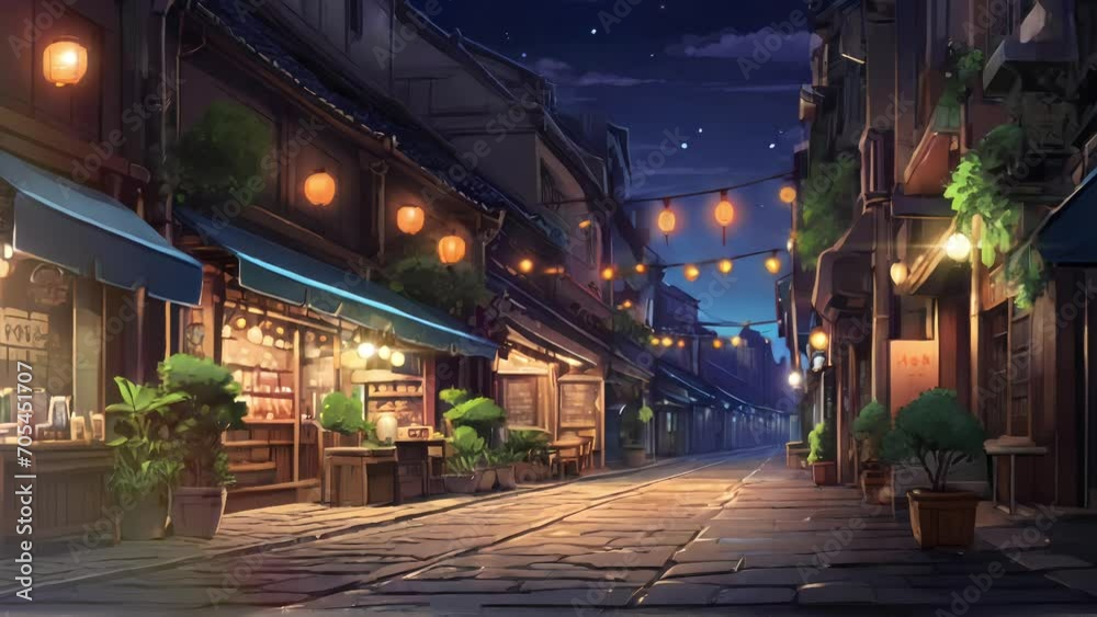 Animated illustration of a street in front of a busy traditional market with shops selling goods, with lights on at night. Can be used for sales activities. Background animation. Animated illustration of a street in front of a busy traditional market with shops selling goods, with lights on at night. Can be used for sales activities. Background animation.