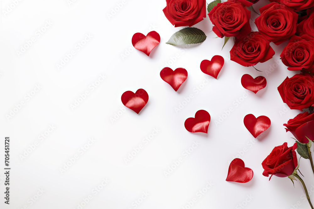 Bouquet of red roses and hearts on white background. Valentines day, banner format. Place for text. Bouquet of red roses and hearts on white background. Valentines day, banner format. Place for text.