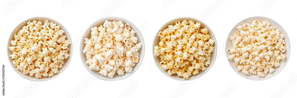 Set of popcorn on a plate on a transparent background is in the top view. PNG.