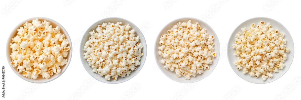 Set of popcorn on a plate on a transparent background is in the top view.