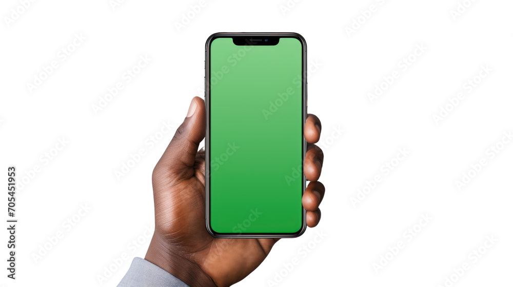 hand holding a mobile phone with a vertical green screen hand holding a mobile phone with a vertical green screen