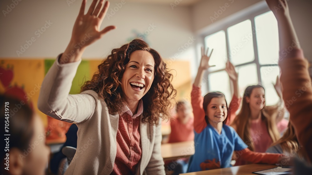 happy female teacher gives a high five to her students during class in the classroom.